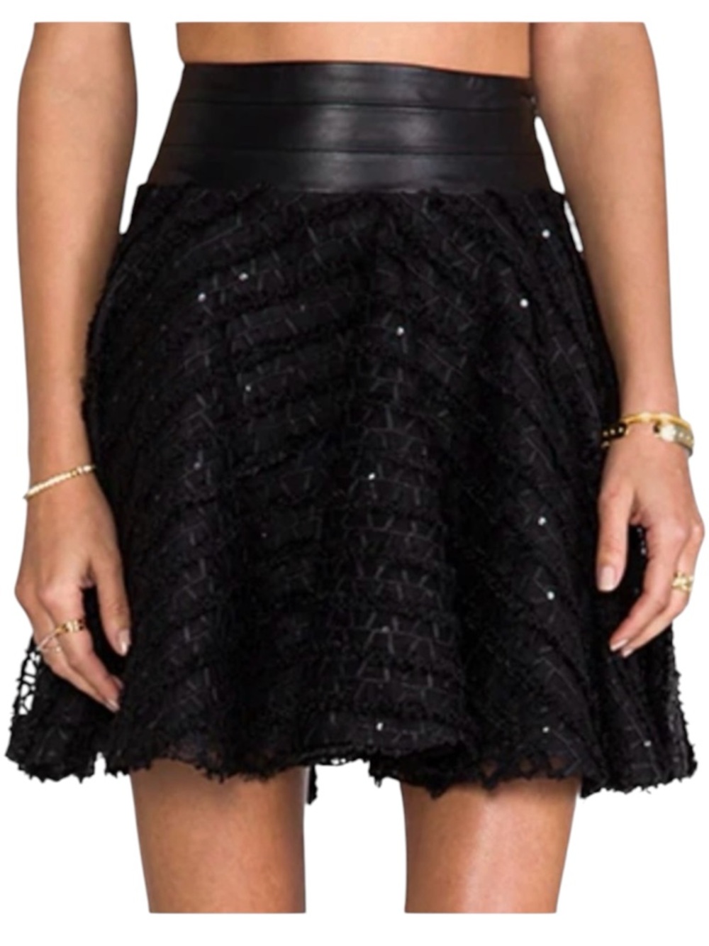 MILLY Black Embellished Tulle Skater Mini Skirt Leather Waistband Size 0 Party